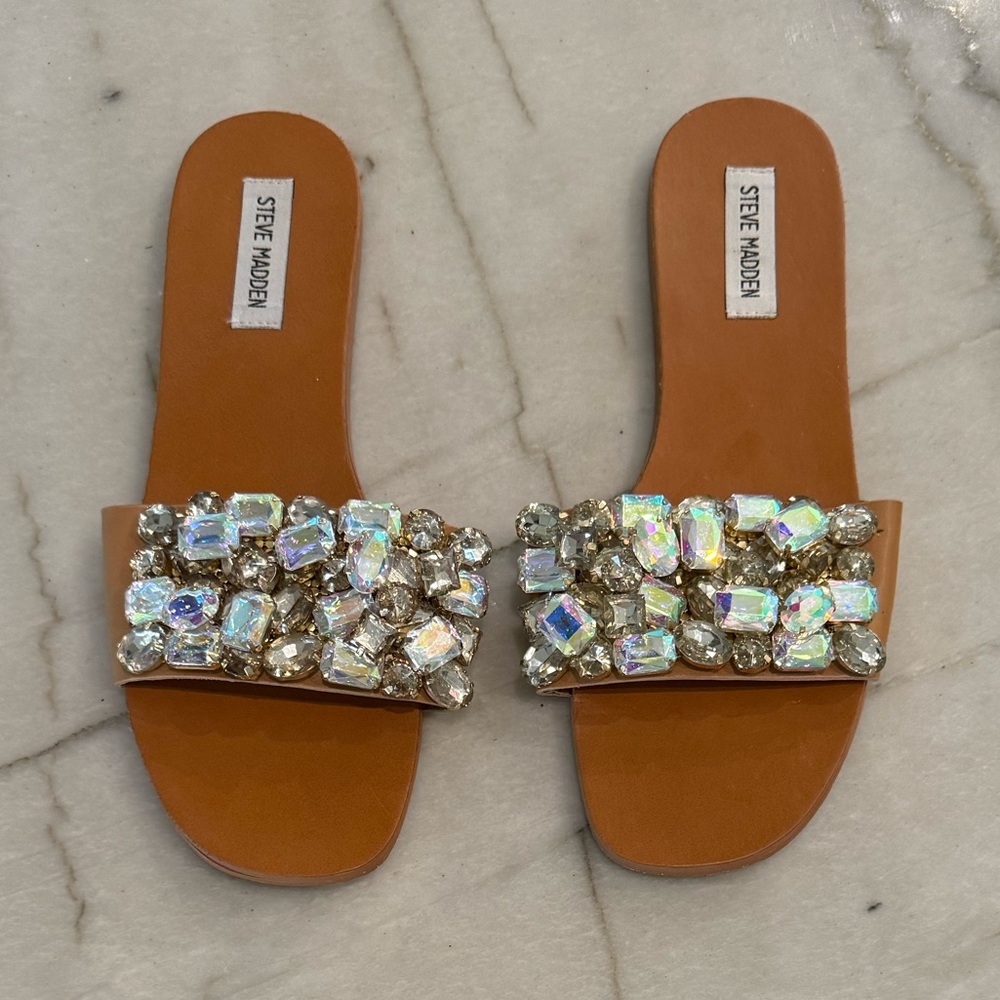 Steve Madden Women's Tan Jeweled Slide Sandals Brionna size 9.5